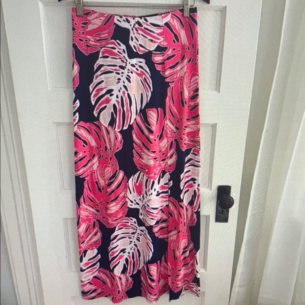 Pink and Navy Leaf Print Skirt